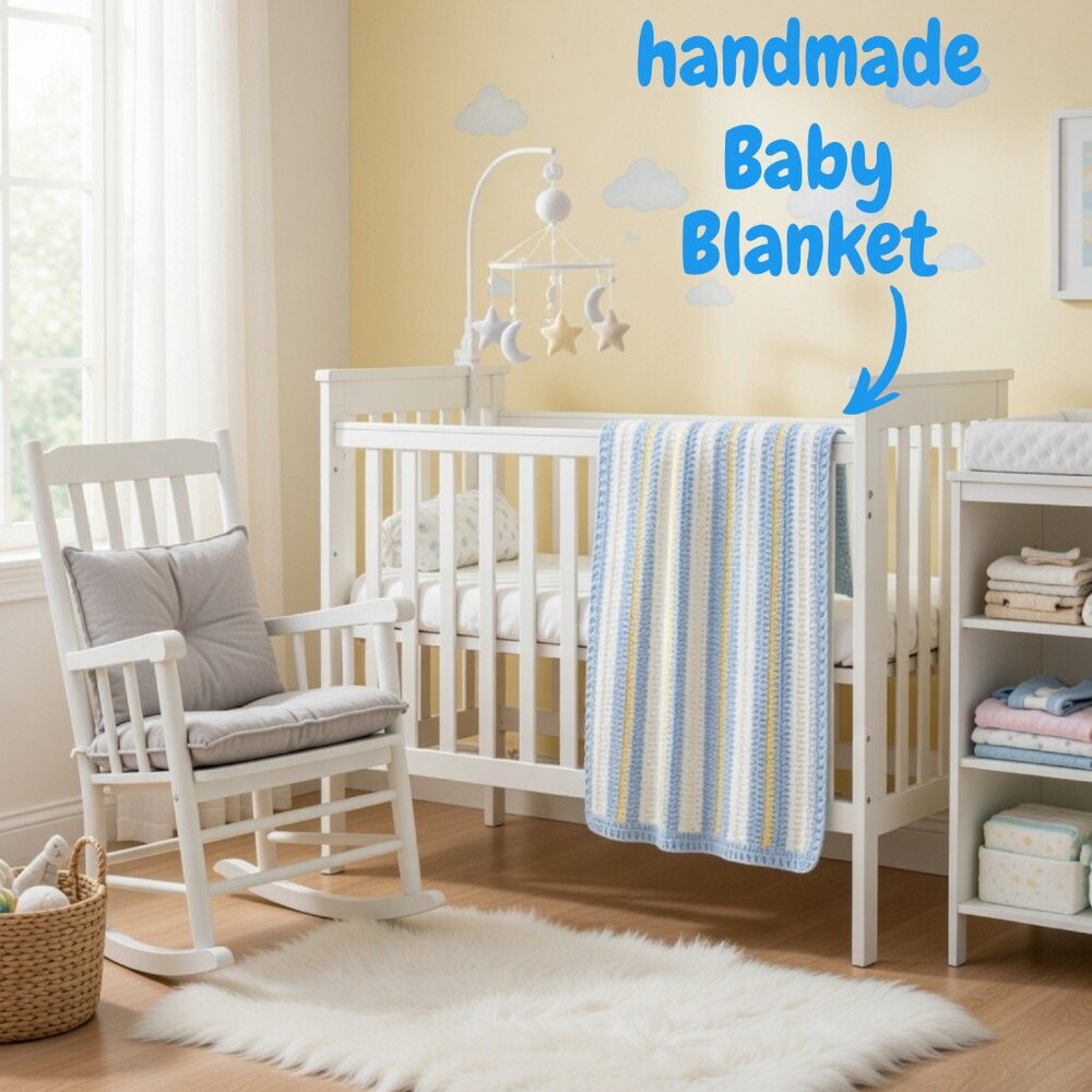 Handmade Crochet Baby Blanket Blue Yellow White 58x38 Soft Newborn Throw‎ Gift